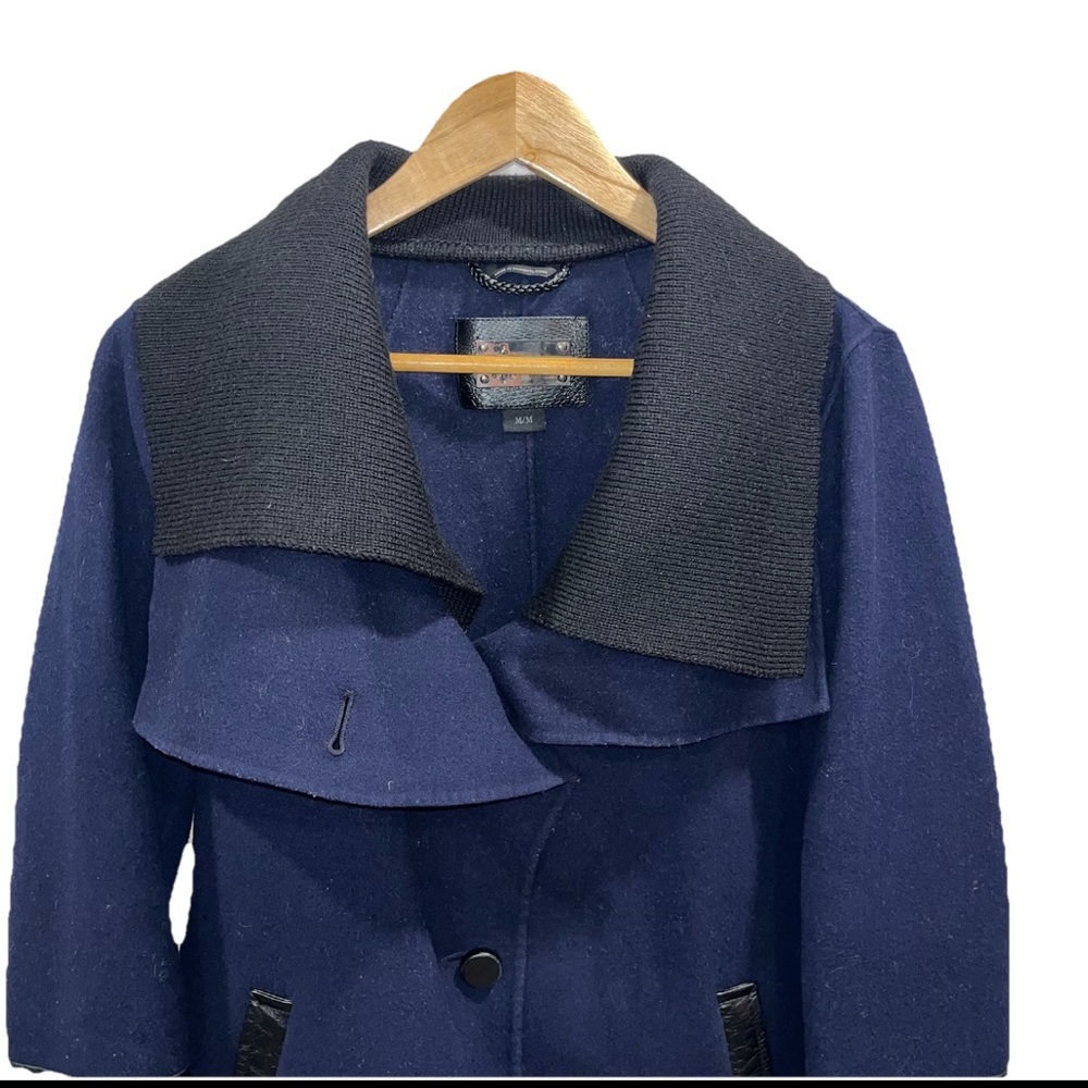 Mackage Navy Wool Blend Pea Coat Knit Collar Jacket Medium - Picture 5 of 13